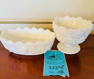 R3 Westmoreland Milk Glass Candy Dish And Milk Glass Paneled Grape Oval Nut Bowl