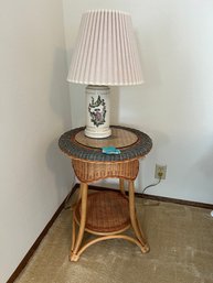 R7 Palecek Wicker Side Table With Lamp. Table Has Glass Top