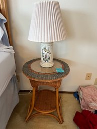 R7 Palecek Wicker Side Table With Lamp. Table Has Glass Top
