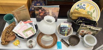 Collection Of Plant Pots, Greeting Cards, Vintage Hawaii Book, Leaf Notebook, Crown Royal Bags, Mirror With Ce