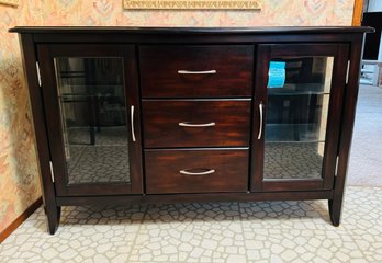 R4 Wood Buffet Cabinet With Three Drawers And Two Glass Panel Doors And Glass Shelves