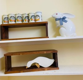 Rm2 Bunny Figurine, Wood Duck, Orange Marmalade Glasses, Two Shelves