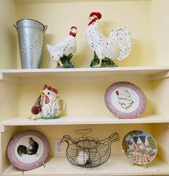 Rm2 Rooster Figurines, Decorative Plates, Bucket, And Wire Chicken Egg Basket