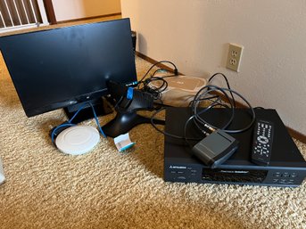 R10 Mitsubishi VCR View Sonic 22in Diagonal Flat Screen Monitor, Netgear Router And Electronic Equipment