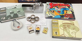 Alvin Sterling S17-1 Napkin Rings, Dick Tracy Hardback Books, Superman Hardback Book, Ashtrays, Lighters