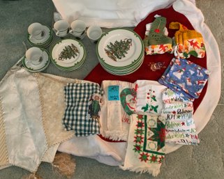 R1 China Plate And Teacup Set Made In Japan, Two Tree Skirts, Glass Ornament, Holiday Kitchen Towels