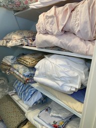 R4 Linen Closet To Include Floral Chaps King Comforter, Raw Silk Bear, Lace And Curtain Fixtures, And Others