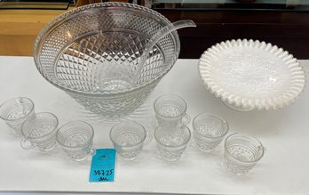 Glass Punch Bowl With Eight Cups And Plastic Ladle, Milk Glass Pedestal Cake Stand