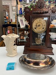 Antique Clock, Appears To Be Silver Plate Serving Dish With Lid (no Markings), Swan Vase