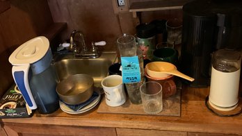 Braun Coffee Pot, Spice Grinder, Water Filter, Assorted Mugs, Brass Bowl, Assorted Glassware