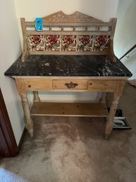 Wood Side Table With Marble Top And Tile Back 42in Tall, 29in To Marble Top, 36in Wide By 28in Deep