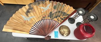 Large Painted Asian Fan, Metal Candle Holders