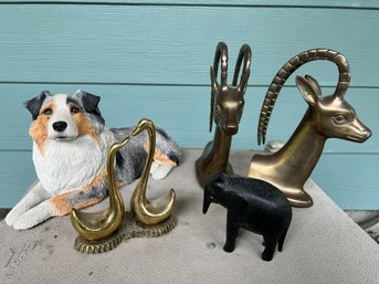 R10 Assorted Decor, Dog Figurine, Assorted Artwork, Table Clock, Set Of Gazelle Bookends