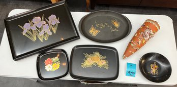 Collection Of Couroc Platters, Dishes, Bowls, And Chinese Dragon Wall Pocket