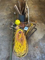 R0 Gooseneck Wrecking Bars, Bucket Of Scrap Wood, Pulleys, Safety Helmet, Work Gloves, Ropes, Garden Stake