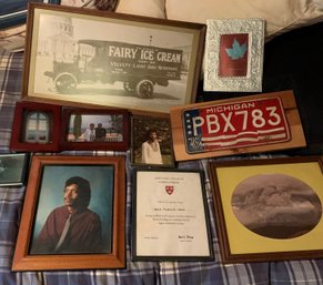 Assorted Artwork, Michigan License Plate On Wood Block, Framed Degree