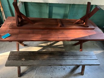 Shed Picnic Table And Two Benches  Table 68.5in X 26in W X 28in T.  Benches 58in X 10in X 16in