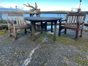 R00 Outdoor Round Wood Table  48in X 26.5in With Two Wood Chairs