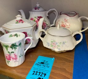 R3 Two Royal Norcrest Teapots, Royal Norcrest Teacup, Homer Laughlin Sugar Bowl, Japanese Teapot (damaged)