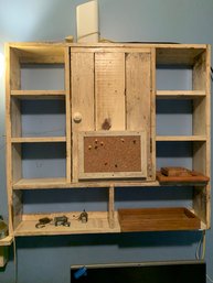Wall Shelf Unit With Small Corkboard, Locks With Keys, Small Framed Floral Artwork, Wooden Tray