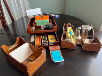 R1 Vintage Office Supplies, Wood Organizers And Two Pen Sets In Boxes.