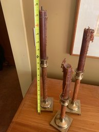 3 Brass And Wooden Candlesticks With Candles