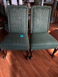 R1 Two Upholstered Green Armless Chairs 42in Tall X  25in Wide At Base. 22in Deep