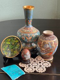 R1 Cloisenne Vase, Small Plate And Egg.  Decorated Porcelain Vase