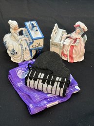 R4 Albert Elovitz Beaded Piano Purse, Musical Themed Scarf, Vintage Schmid Porcelain Music Box No.435 And Vint