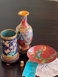 R1 Cloisonne Vase, Utensil Holder, Small Plate And Thimble