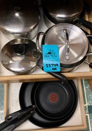 R3 Three T-fal Pans, Assorted Pots With Lids