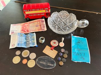 R1 Glass Dish, Toy Bus, Foreign Money Vintage Pins