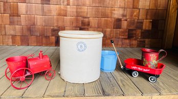 R0 Pacific Stoneware Co. Crock, Little Red Racer Wagon, Tractor Flower Pot