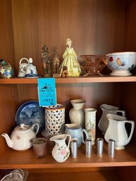 Porcelain And China Vases, Pitchers, Decorative Plate, Candle Holders, Bells, Wood Figurines