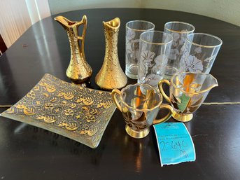 R1 Glass With Gold Decorations.  Tray, Highball Glasses, Creamer And Sugar, Tray, Bud Vase And Pitcher