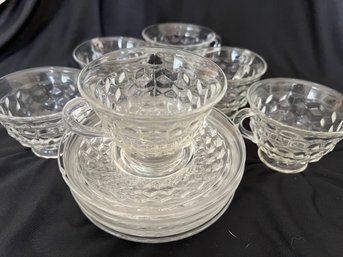 R8 Vintage Anchor Hocking Wexford Candy Dish, Vintage Fostoria Cups And Saucers, Pressed Glass Coasters,