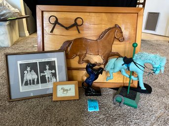 R8 Horse Themed Grouping Of Wall Art, Glazed Pottery Horse 9.5in And Stuffed Carousel Horse 15.5in