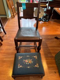 R1 Wood Chair With Possible Leather Seat, Foot Stool With Needlepoint Top