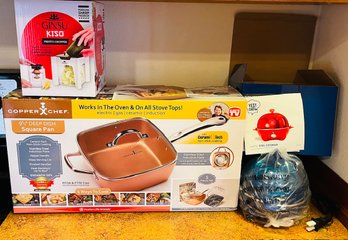 R0 9 1/2in Copper Chef Square Pan Deep Dish, Ginsu Presto Chopper, Rapid Egg Cooker