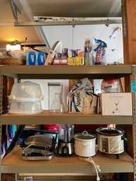 RM0 Three Shelves Includes Crockpots, Griddle, Food Processor, Wine Glasses, Ziplocks, Paper Goods