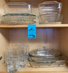 R3 Pyrex Glass Pie Plates, Two Pyrex Glass Baking Dishes, Glass Serving Tray, Glasses, Serving Dish With Lid