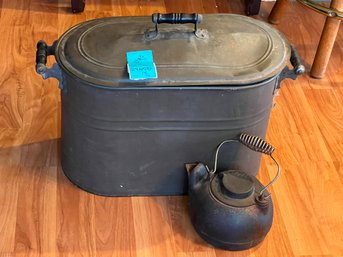R1 Vintage Lidded Tin Black Handled Tub 18in X 25in X 12in And Cast Iron Tea Kettle