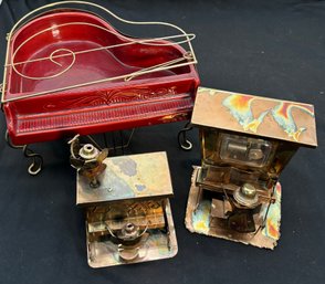 R4 Vintage Copper Metal Piano Music Box, Berkeley Designs Copper Metal Music Box, And Ceramic And Wire Piano