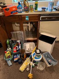 Cleaning Supplies, Two Dish Drainers One Folding, Two Rinse Tubs, Damprid, Vintage Trash Can