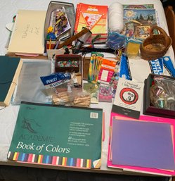 Assorted Art Supplies, Paints, Craft Workbooks, Yarn, Postcards, Construction Paper, Clothespins, Thumbtacks