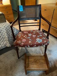 Arm Chair With Upholstered Seat And Cane Back. Small Wood Foot Stool/step