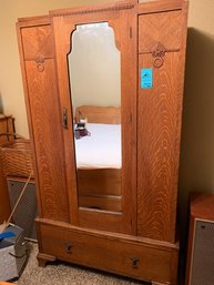 Wooden Wardrobe With Glass Mirror And Large Drawer