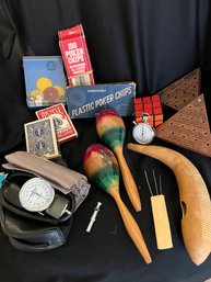 R8 Collection Of Poker Chips, Cards, Small Musical Instruments, Stopwatch, Old Pressure Cuff