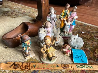 R1 Collection Of Figurines, Lladro, Possible Hummel, Wood Shoe, Back Scratcher
