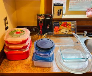 R2 Lot Of Bakeware, Microwave Containers W/Steamer Inserts, Serving Tray With Bug Screen, Digital Scale, Trays